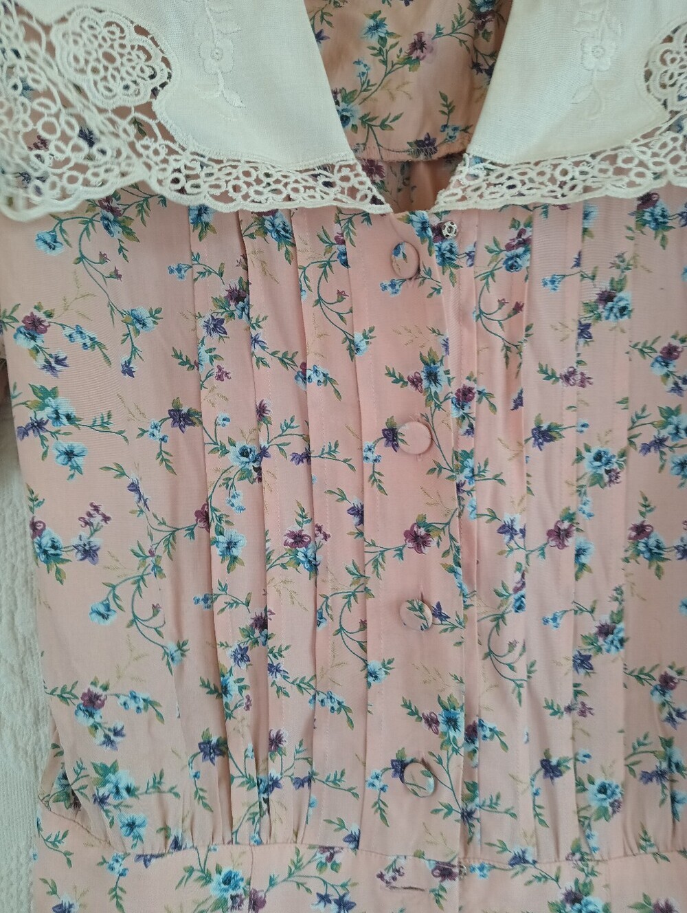 Vintage Pink Floral Midi Dress Lace Sailor Collar Prairiecore Karin Stevens 80s - Picture 6 of 15